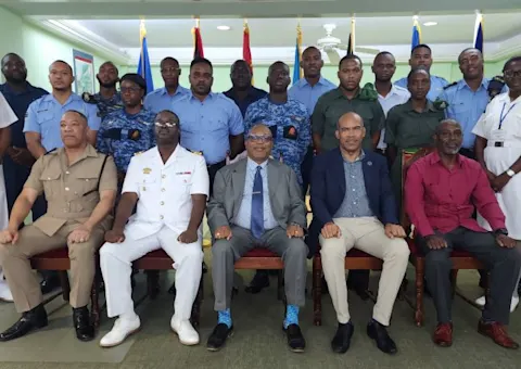 Participants and facilitators of the Basic Engineering Course were joined by (front row R-L) Senior Superintendent (Ag) Adrian Broome; Lt. Commander, Derrick Brathwaite; Principal of the Samuel Jackman Prescod Institute of Technology, Ian Drakes; Director of Training at the RSS, Lt. Commander, Brian Roberts; and Regional Maritime Officer, Lt. (CG) Rolerick Sobers.