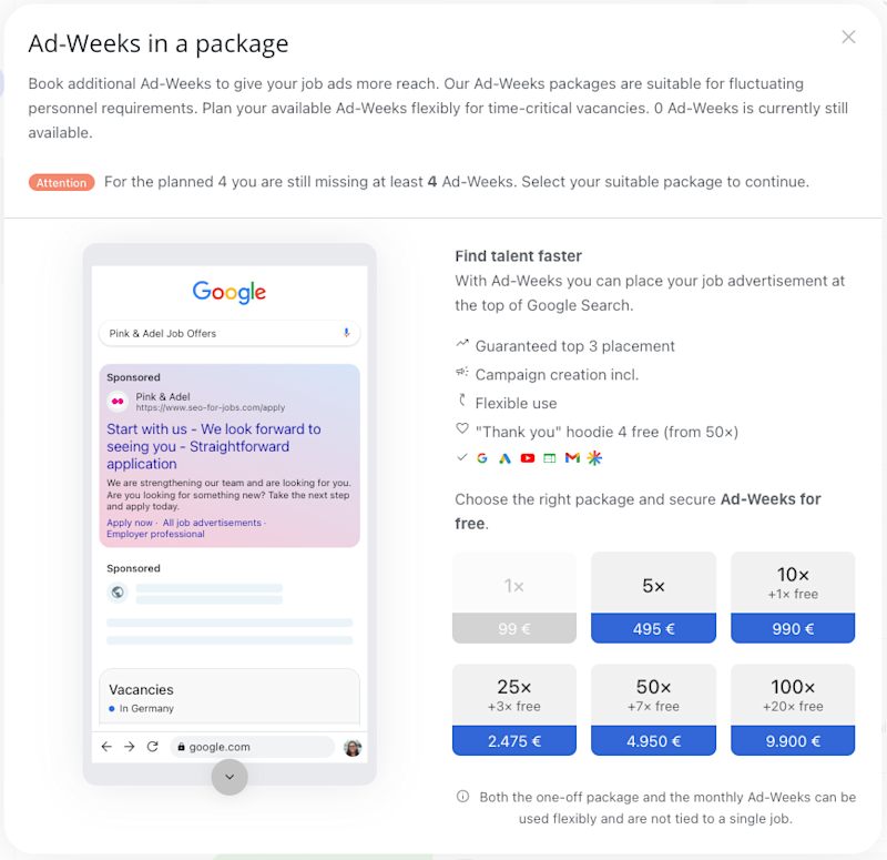 In the preview you can see the advertising weeks - plan selection