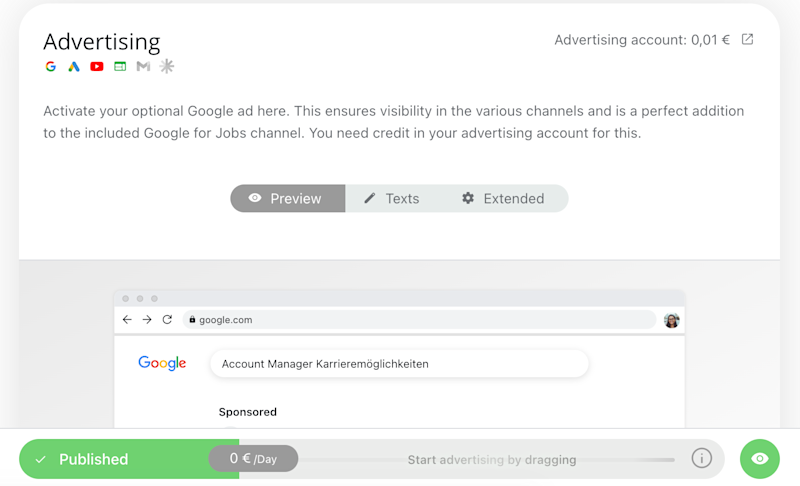 To activate advertising for your selected job ad, simply use the "Ad Boost" slider.
