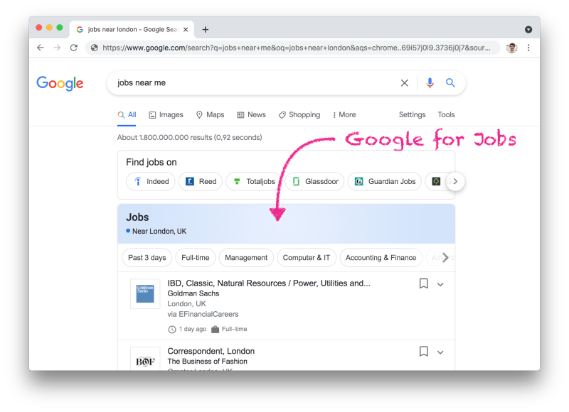 Google for Jobs integrates with the normal Google search. It is automatically detected that it is a job search and the Google Jobbox is displayed.