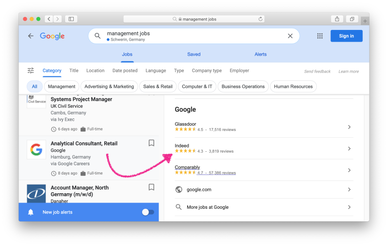 Google Jobs zeigt zu vielen Arbeitgebern Bewertungen an. Das hilft bei der Auswahl.
