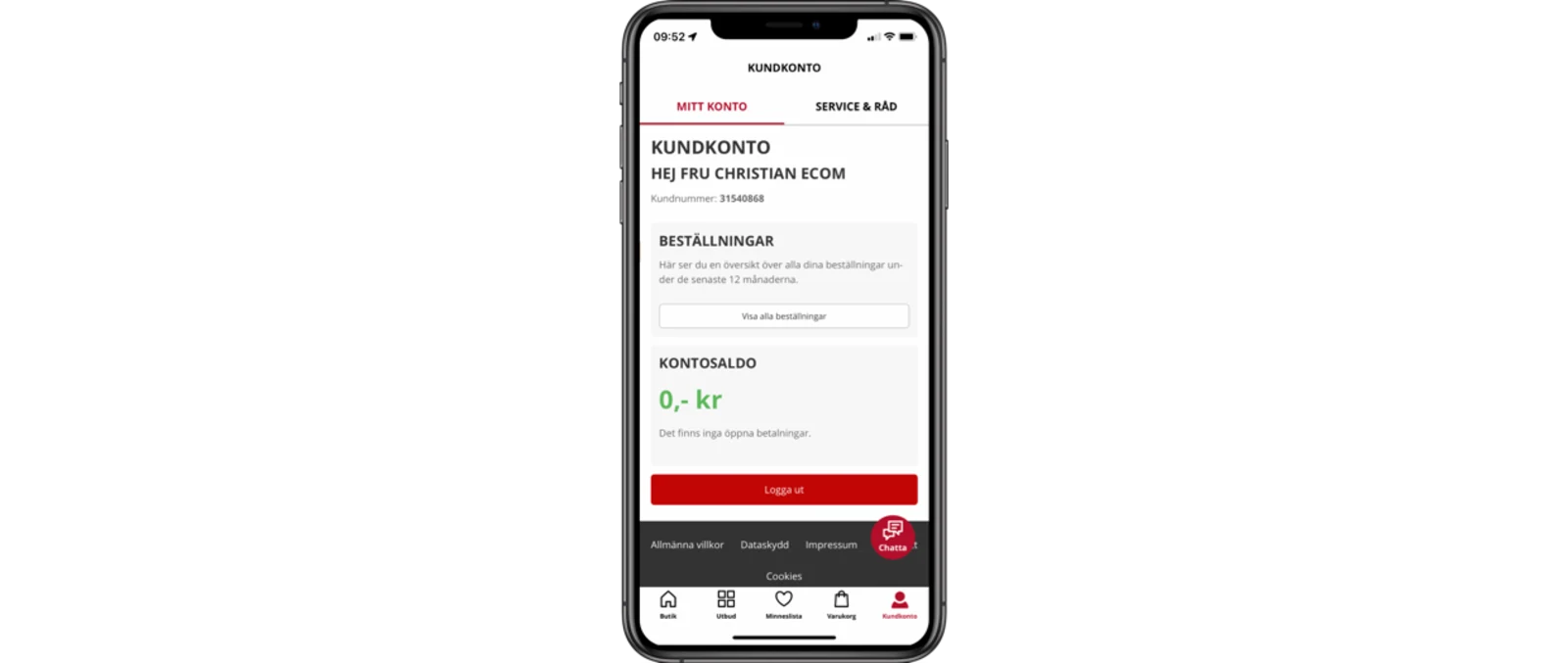 Mobilskärmsvy av kundkonto med leveransstatus och beställningshistorik. Mobilskärmsvy av kundkonto med leveransstatus och beställningshistorik.