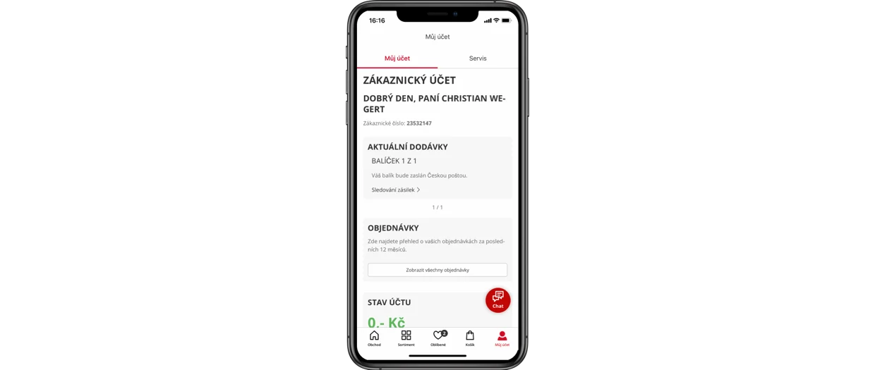 Mobilní aplikace zobrazující zákaznický účet s informacemi o aktuálních dodávkách, objednávkách a možností chatu. Mobilní aplikace zobrazující zákaznický účet s informacemi o aktuálních dodávkách, objednávkách a možností chatu.