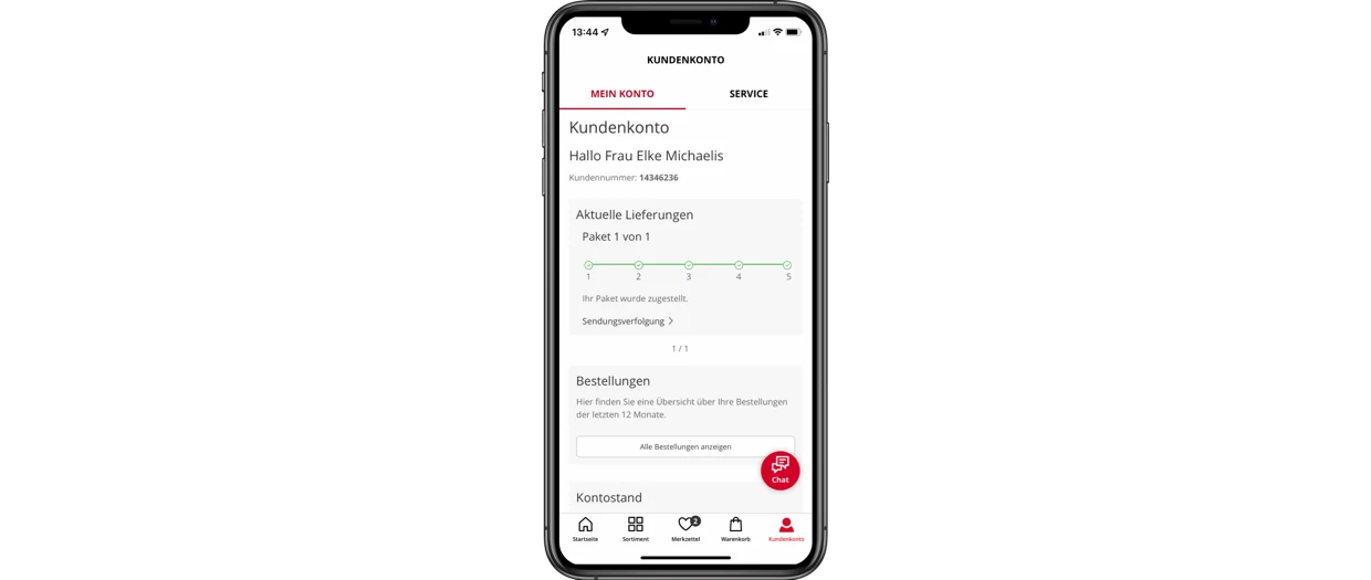 Smartphone-Bildschirm zeigt die Benutzeroberfläche eines Kundenkontos mit Informationen zu aktuellen Lieferungen, Bestellungen und einem Chat-Button. Smartphone-Bildschirm zeigt die Benutzeroberfläche eines Kundenkontos mit Informationen zu aktuellen Lieferungen, Bestellungen und einem Chat-Button.