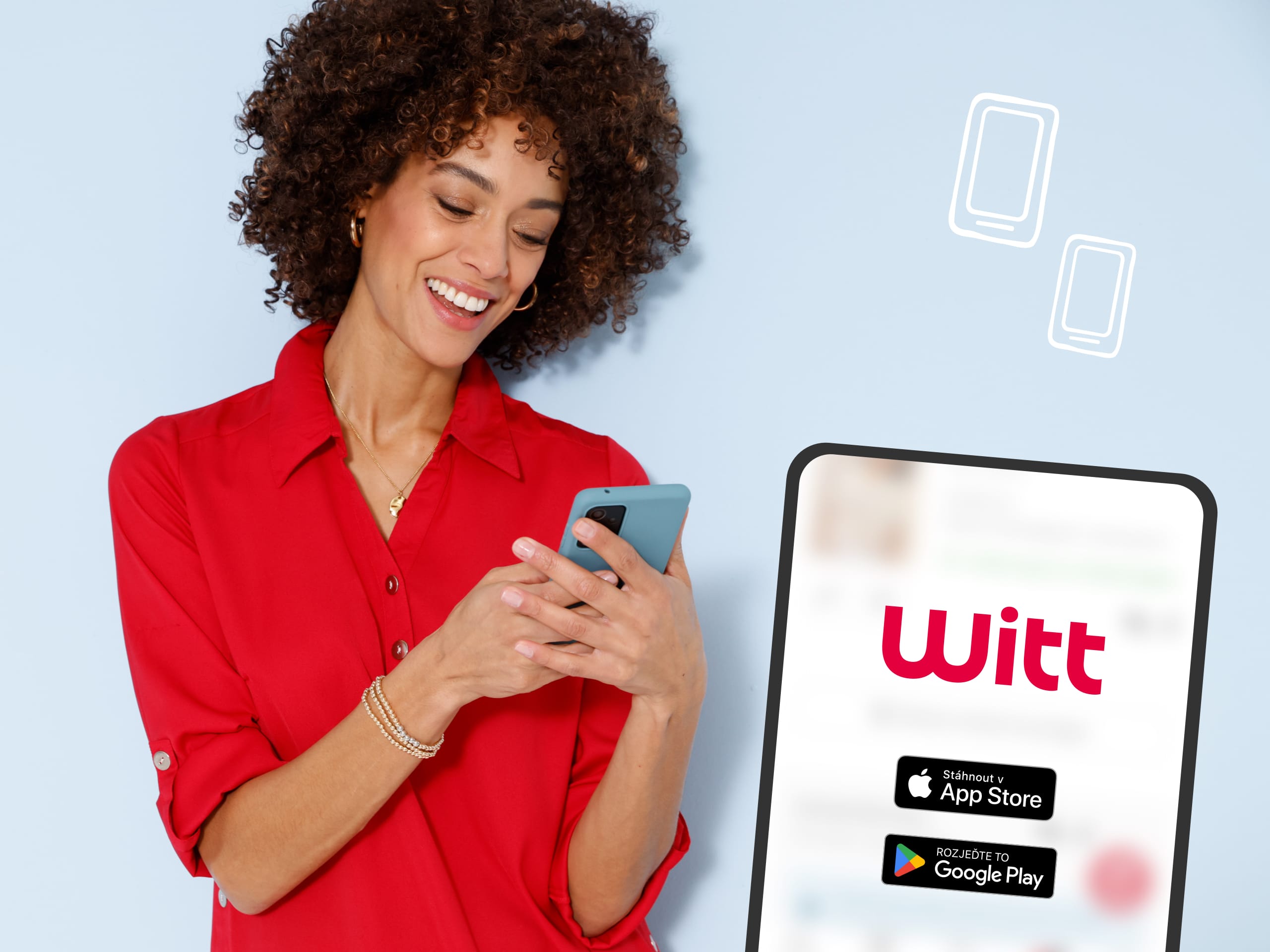 Žena v červené blůzce se smartphonem v ruce. Vedle ní je vyobrazený smartphone, jehož displej ukazuje na aplikaci.
