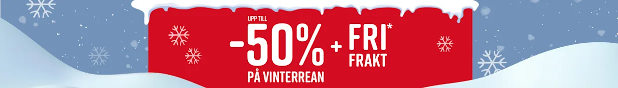 Röd reklambanner med vit text som annonserar upp till 50 % rabatt och fri frakt under vintersalget. Snöflingor och snö syns i bakgrunden.