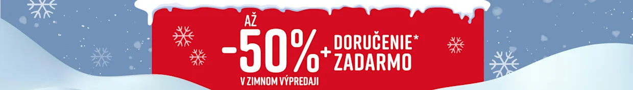 Červený reklamný banner s bielym textom oznamujúci zľavu až 50 % a bezplatné doručenie počas zimného výpredaja. V pozadí sú viditeľné snehové vločky a sneh.
