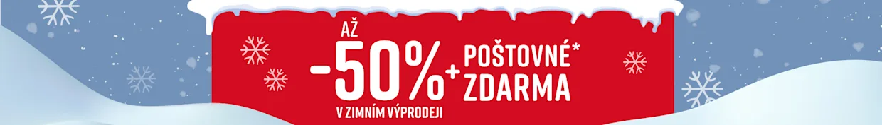 Červený reklamní banner s bílým textem, který oznamuje slevu až 50 % a bezplatné doručení během zimního výprodeje. V pozadí jsou vidět sněhové vločky a sníh.
