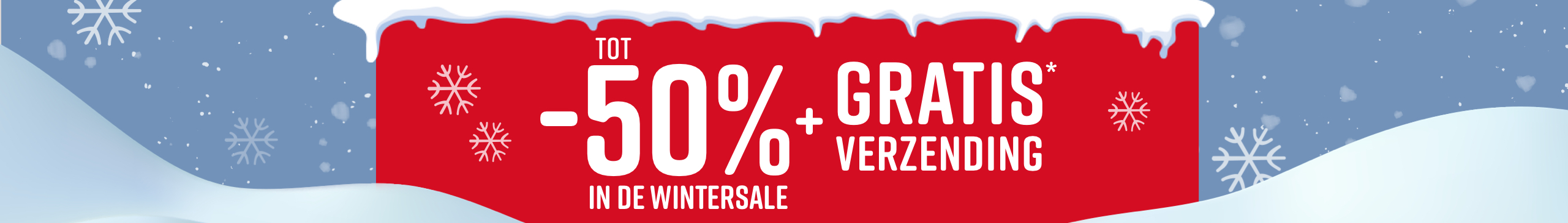 Rode reclamebanner met witte tekst die tot 50% korting en gratis verzending tijdens de wintersale aankondigt. Sneeuwvlokken en sneeuw zijn op de achtergrond zichtbaar.