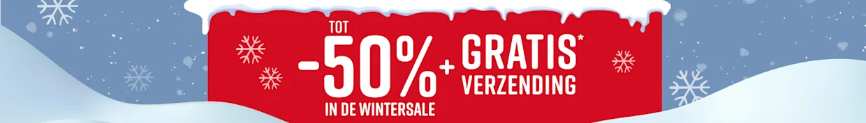 Rode reclamebanner met witte tekst die tot 50% korting en gratis verzending tijdens de wintersale aankondigt. Sneeuwvlokken en sneeuw zijn op de achtergrond zichtbaar.