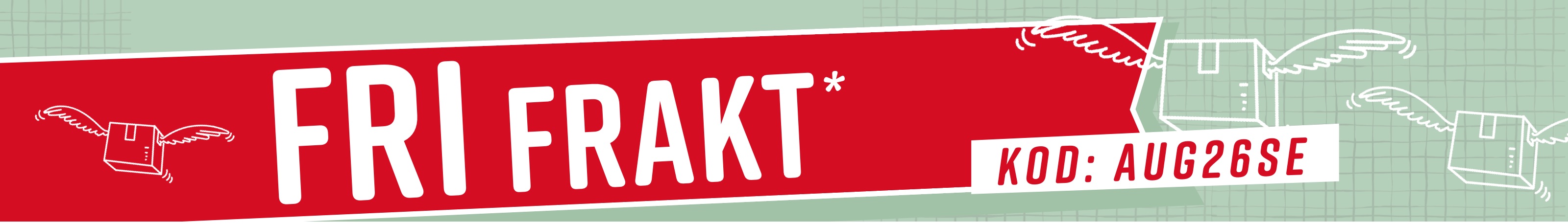 Röd reklambanner för en kampanj med fri frakt och koden 'AUG26SE' på grön bakgrund.
