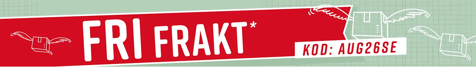 Röd reklambanner för en kampanj med fri frakt och koden 'AUG26SE' på grön bakgrund.