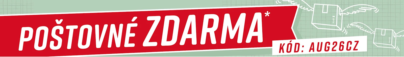 Červený reklamní banner k akci s bezplatným doručením a kódem 'AUG26CZ' na zeleném pozadí.