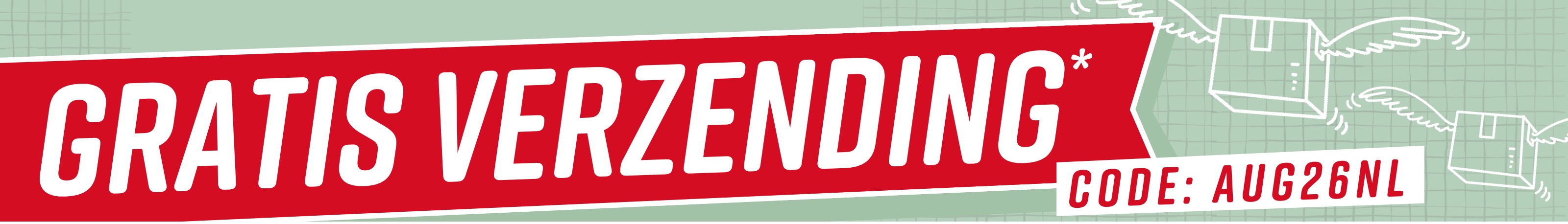 Rode reclamebanner voor een actie met gratis verzending en code 'AUG26NL' op een groene achtergrond.