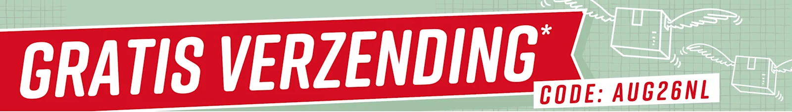 Rode reclamebanner voor een actie met gratis verzending en code 'AUG26NL' op een groene achtergrond.