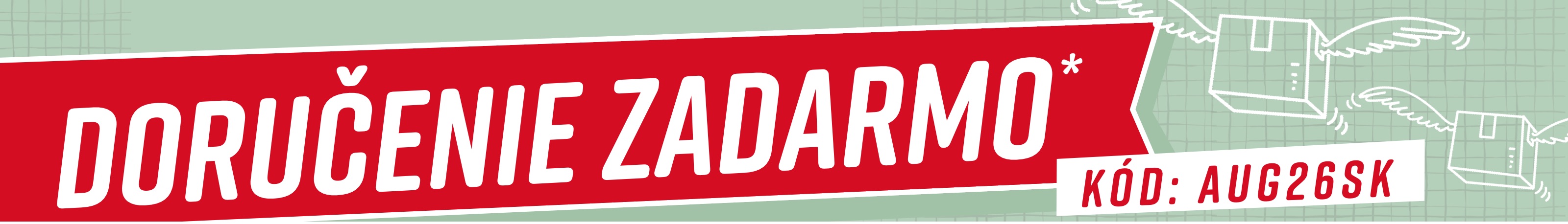 Červený reklamný banner k akcii s bezplatným doručením a kódom 'AUG26SK' na zelenom pozadí.