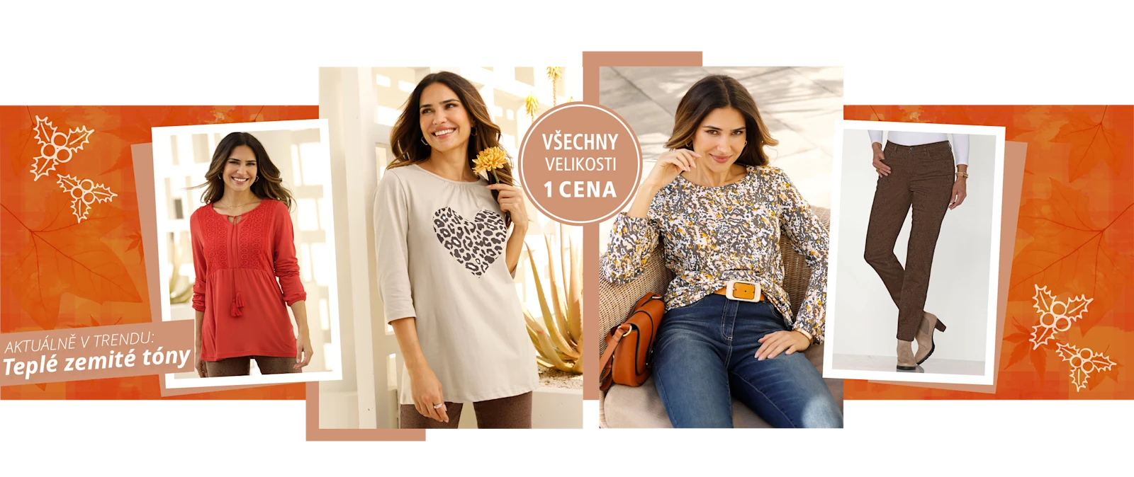 Čtyři modelky předvádějí dámskou módu v teplých zemních tónech s svetry, halenkami a kalhotami na oranžovém pozadí. Čtyři modelky předvádějí dámskou módu v teplých zemních tónech s svetry, halenkami a kalhotami na oranžovém pozadí.