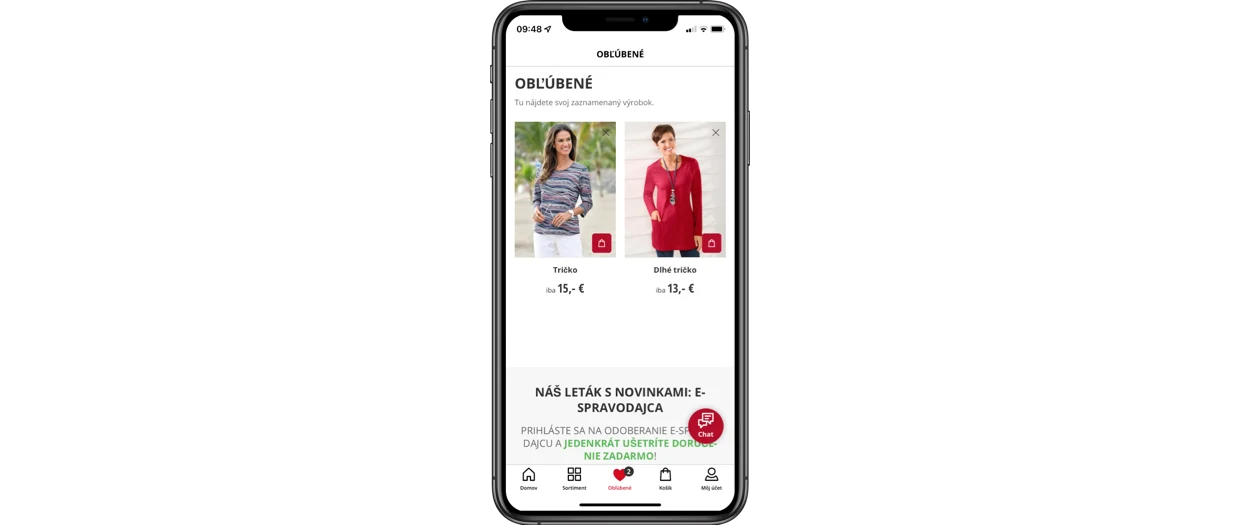 Zobrazenie mobilnej aplikácie s nákupným zoznamom obsahujúcim bordový pulóver za 13 € a modré tričko za 10 €. Zobrazenie mobilnej aplikácie s nákupným zoznamom obsahujúcim bordový pulóver za 13 € a modré tričko za 10 €.