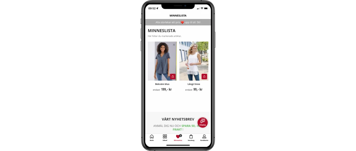 Mobilskärm som visar en önskelista med en röd tröja för 13 € och en blå skjorta med stjärnor för 10 €. Mobilskärm som visar en önskelista med en röd tröja för 13 € och en blå skjorta med stjärnor för 10 €.