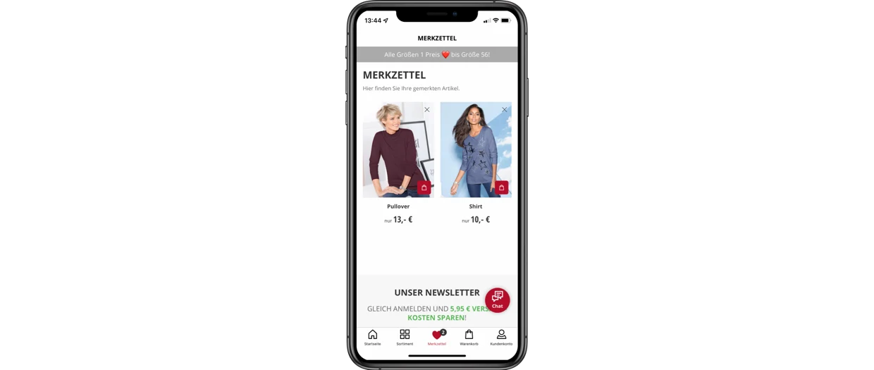 Screenshot einer Merkliste in einer Shopping-App auf einem Smartphone, die einen bordeauxfarbenen Pullover für 13 € und ein blaues Shirt mit Sternenmuster für 10 € zeigt. Screenshot einer Merkliste in einer Shopping-App auf einem Smartphone, die einen bordeauxfarbenen Pullover für 13 € und ein blaues Shirt mit Sternenmuster für 10 € zeigt.
