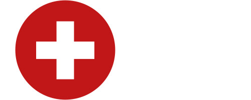 Schweizer Flagge: Rotes Kreis-Symbol mit weißem Kreuz in der Mitte