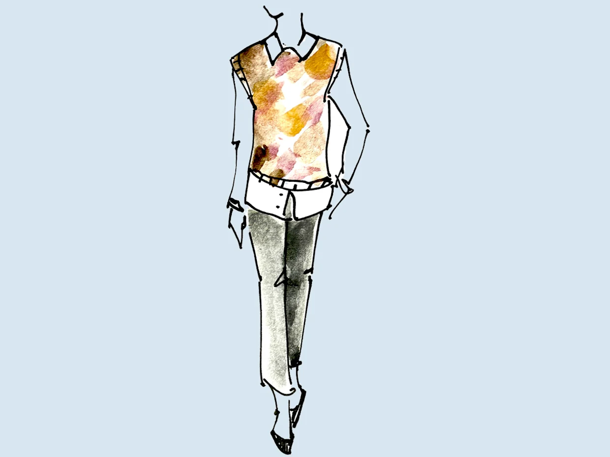 Illustratie van een outfit met een kleurrijke top en een witte blouse die de aandacht afleidt, gecombineerd met donkere broek die heupen, billen en dijen camoufleert. Illustratie van een outfit met een kleurrijke top en een witte blouse die de aandacht afleidt, gecombineerd met donkere broek die heupen, billen en dijen camoufleert.