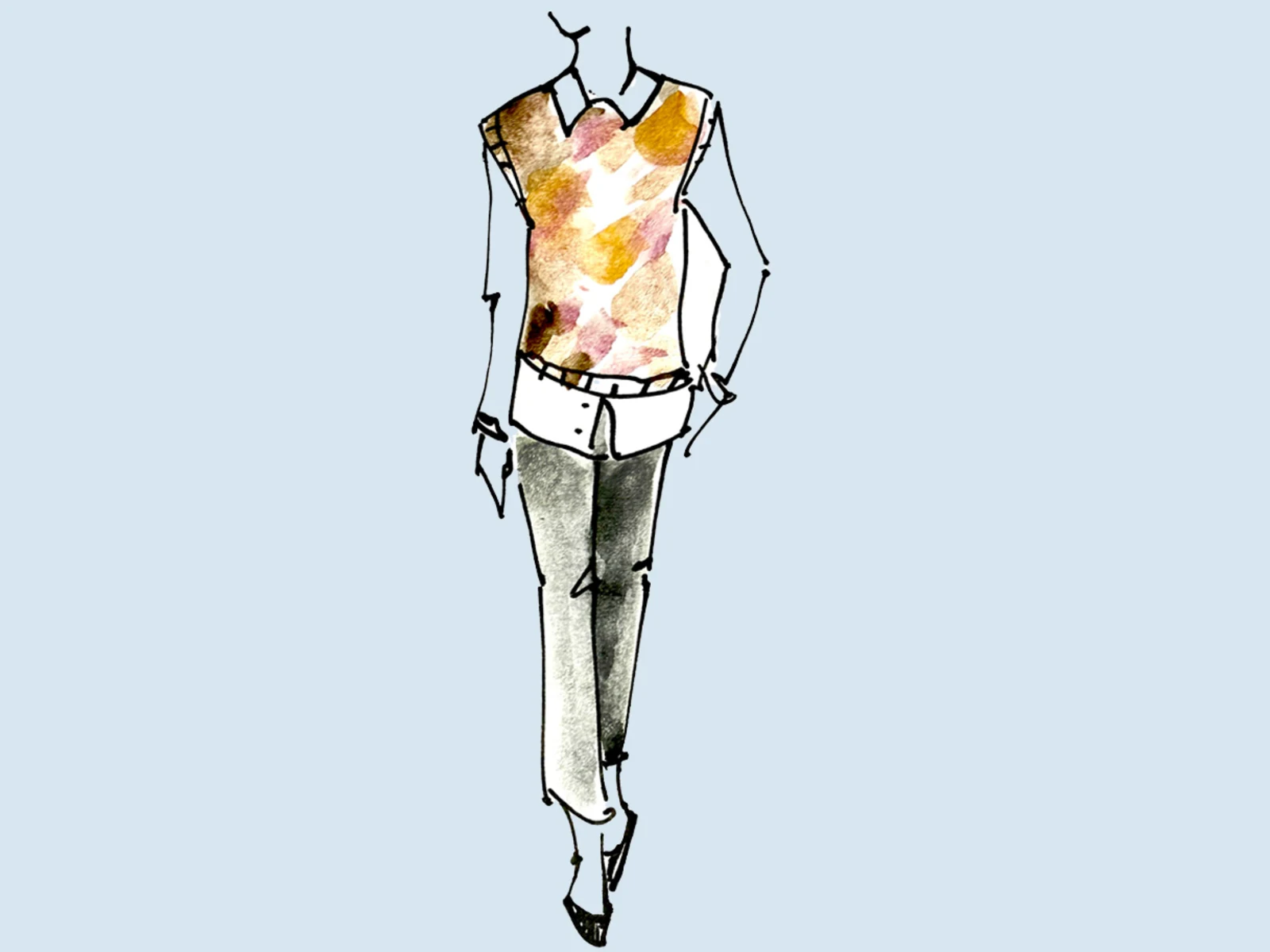 Illustration einer Figur mit einem gemusterten Oberteil und einer Hose Illustration einer Figur mit einem gemusterten Oberteil und einer Hose