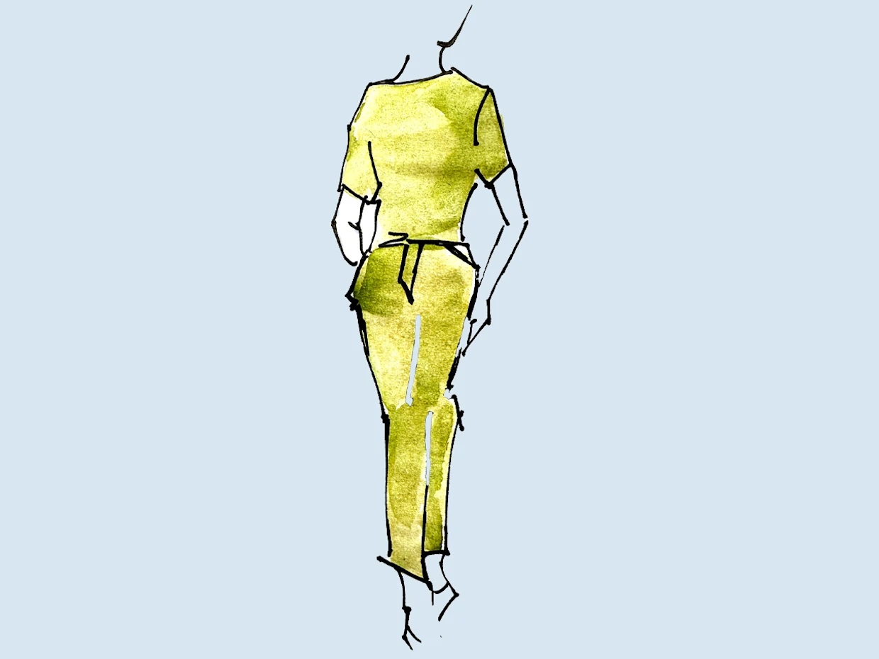 Illustratie van een vrouw in een gele ton-sur-ton outfit met tekst: De ton-sur-ton combinatie verlengt optisch het figuur. Illustratie van een vrouw in een gele ton-sur-ton outfit met tekst: De ton-sur-ton combinatie verlengt optisch het figuur.