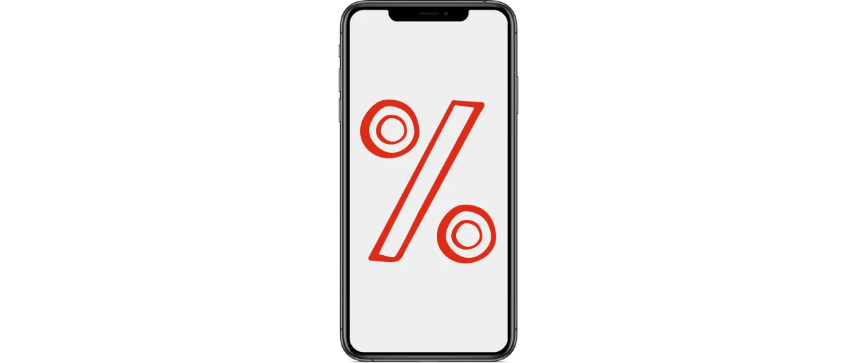 Smartphone med en röd procentsymbol på skärmen. Smartphone med en röd procentsymbol på skärmen.