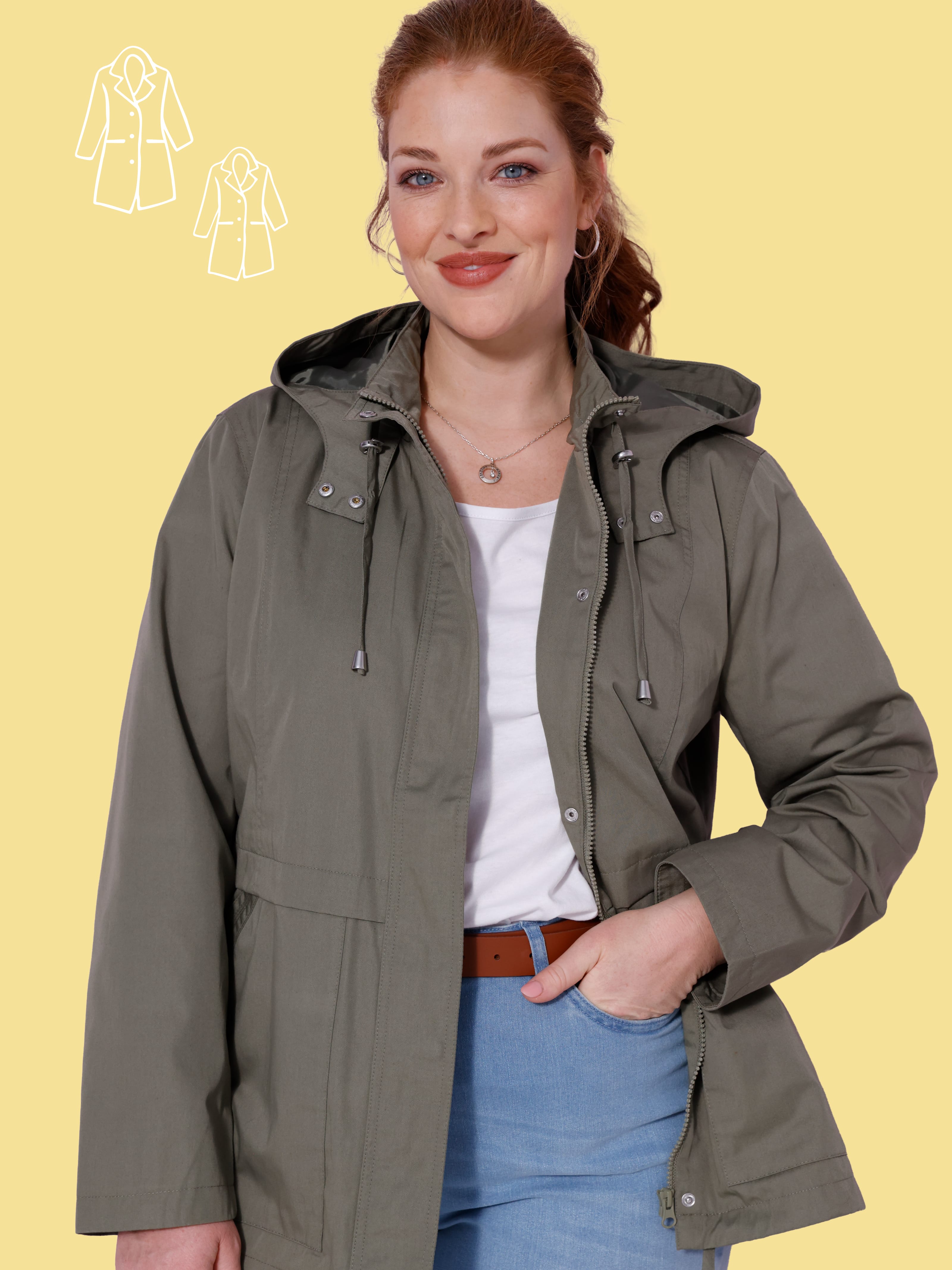 Model má na sobě olivově zelenou bundu s kapucí.
