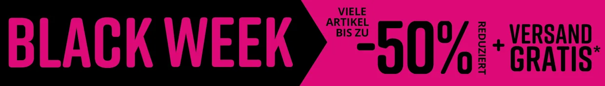 Schwarzer und pinkfarbener Hintergrund für Black Week. Text: VIELE ARTIKEL BIS ZU 50% REDUZIERT + VERSAND GRATIS.