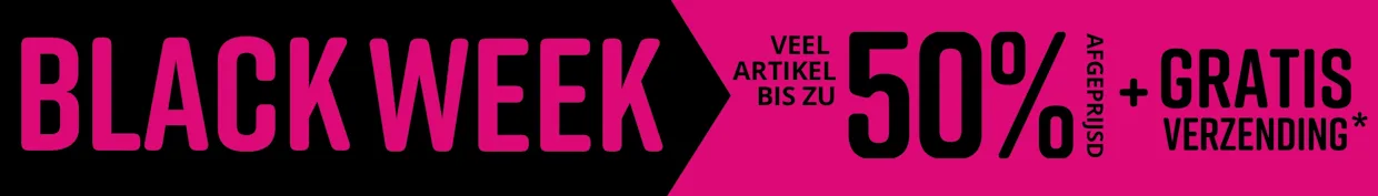 Zwarte en roze achtergrond voor 'Black Week'. Tekst: 'VEEL ARTIKELEN TOT 50% AFGEPRIJSD + GRATIS VERZENDING'.