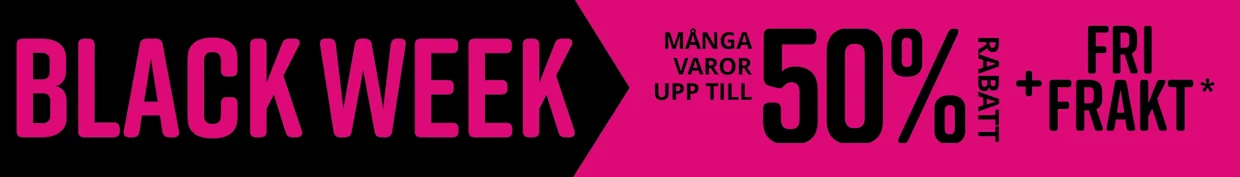 Svart och rosa bakgrund för 'Black Week'. Text: 'MÅNGA VAROR UPP TILL 50% RABATT + FRI FRAKT'.