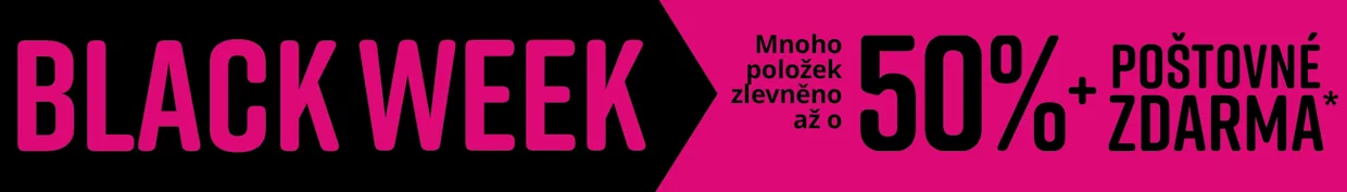 Černé a růžové pozadí pro Black Week. Text: MNOHO POLOŽEK ZLEVNĚNO AŽ O 50% + POŠTOVNÉ ZDARMA.