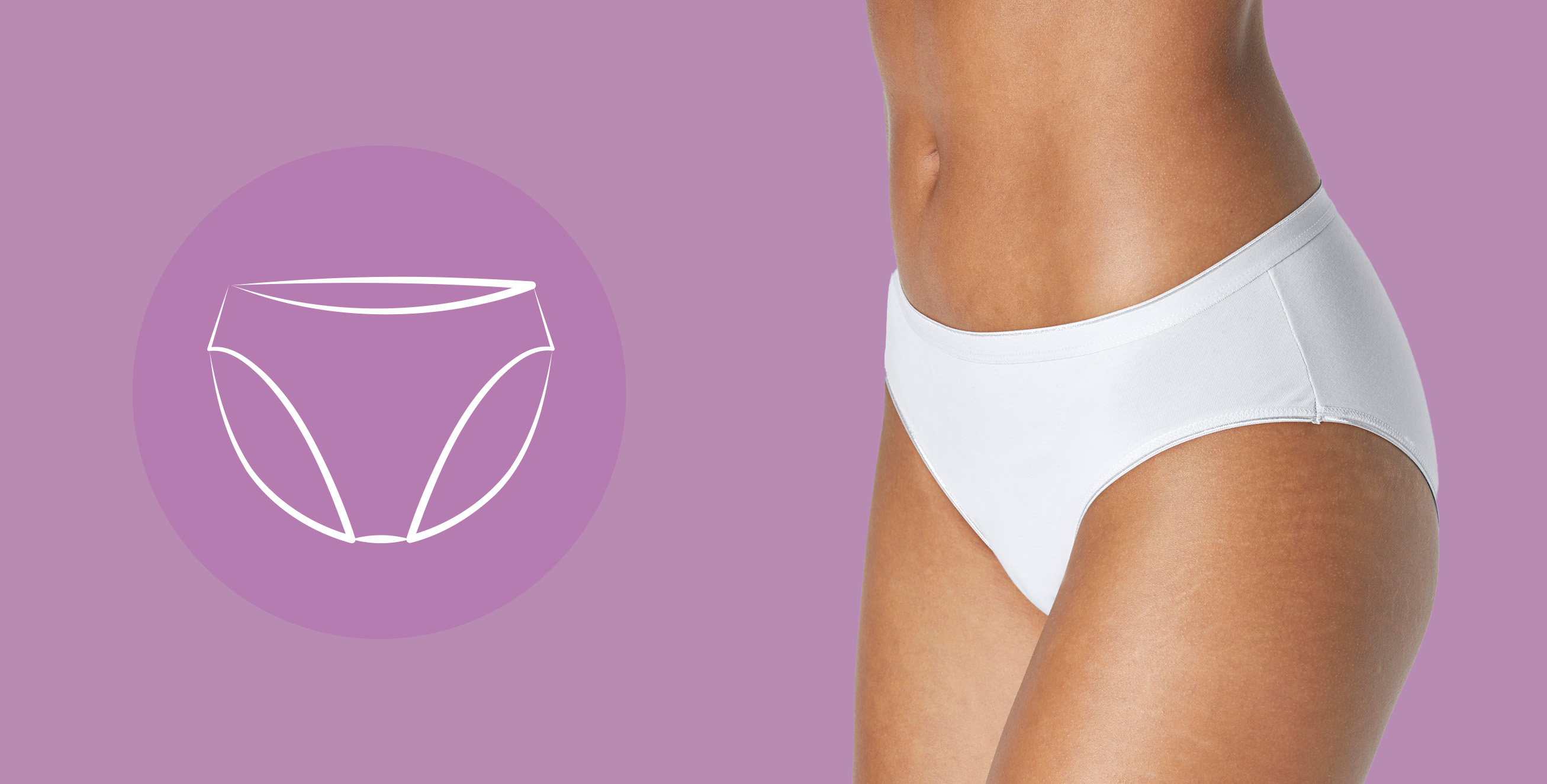 Frau trägt weißen Slip vor lila Hintergrund mit stilisiertem Slip-Symbol.