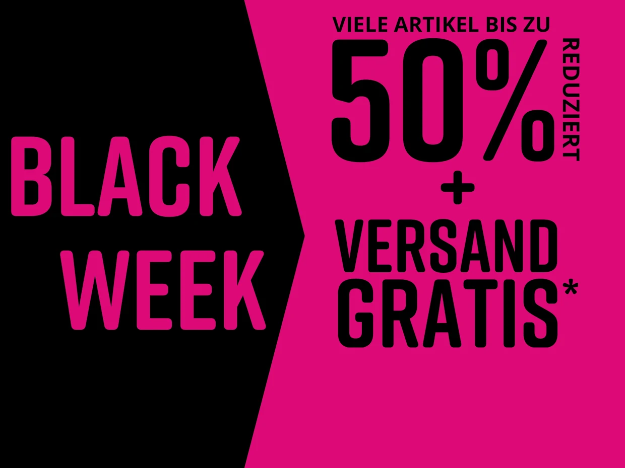 Schwarzer und pinkfarbener Hintergrund für Black Week. Text: VIELE ARTIKEL BIS ZU 50% REDUZIERT + VERSAND GRATIS.