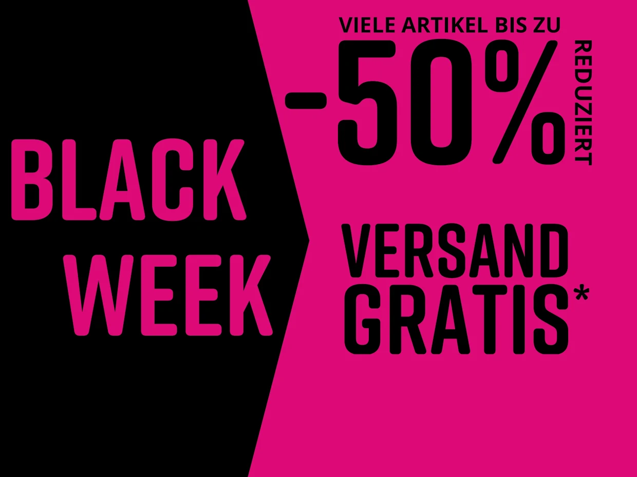 Schwarzer und pinkfarbener Hintergrund für Black Week. Text: VIELE ARTIKEL BIS ZU 50% REDUZIERT + VERSAND GRATIS.