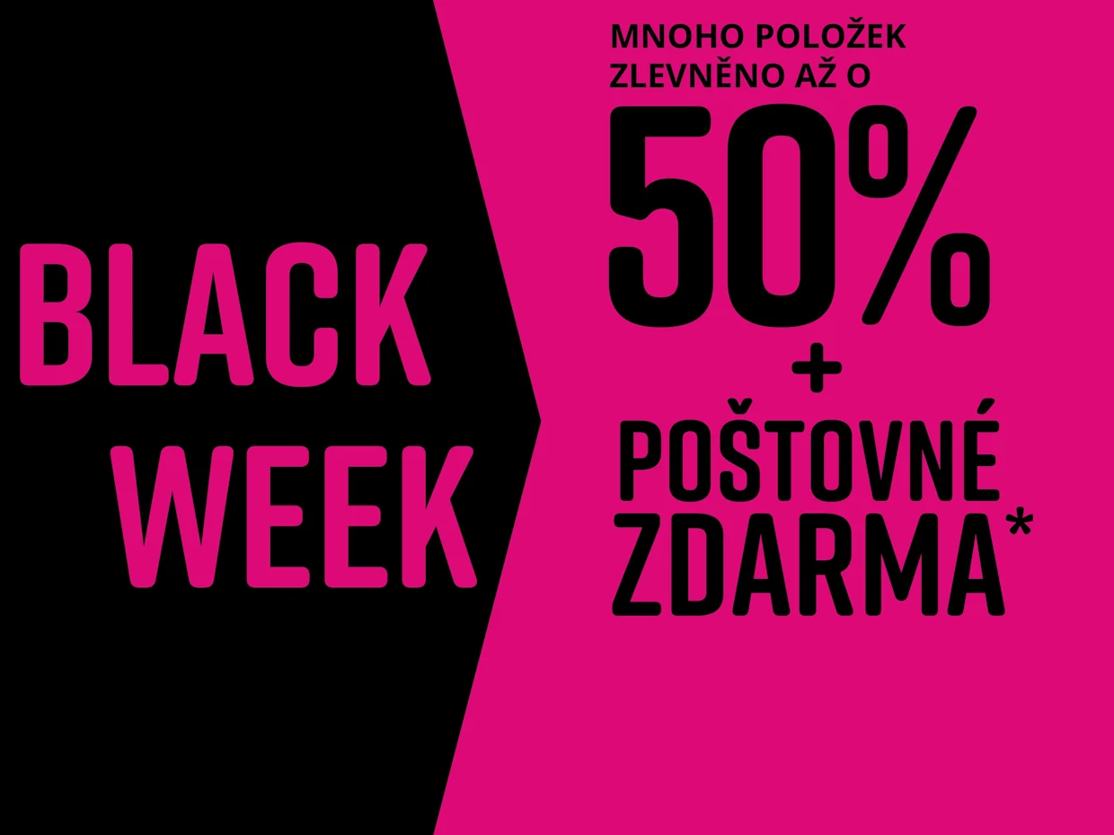 Černé a růžové pozadí pro Black Week. Text: MNOHO POLOŽEK ZLEVNĚNO AŽ O 50% + POŠTOVNÉ ZDARMA.