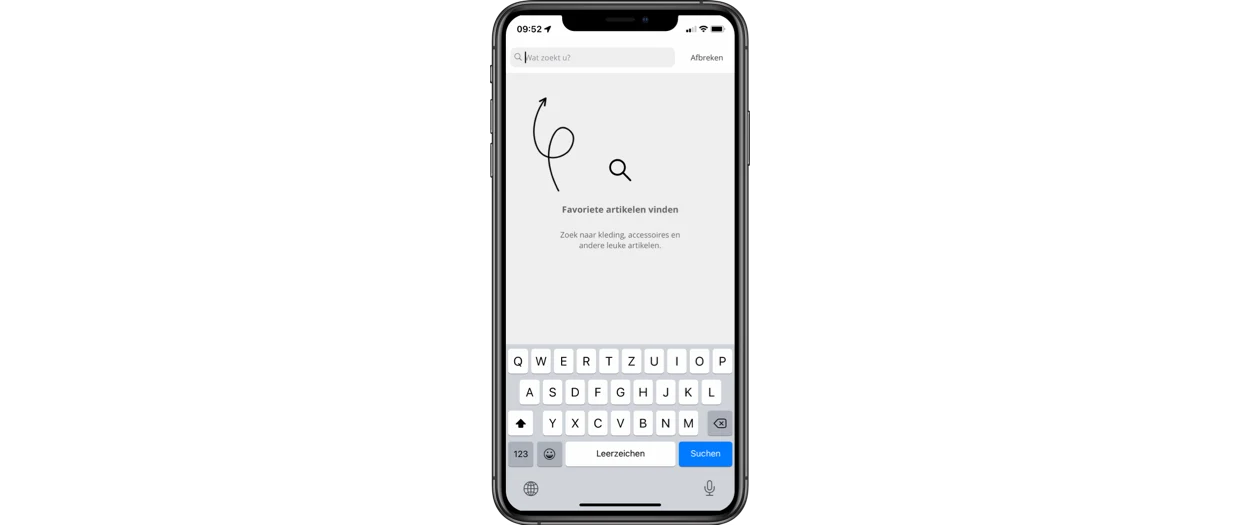 Zoekfunctie op smartphone met toetsenbord en tekst Lievelingsartikel vinden. Zoekfunctie op smartphone met toetsenbord en tekst Lievelingsartikel vinden.