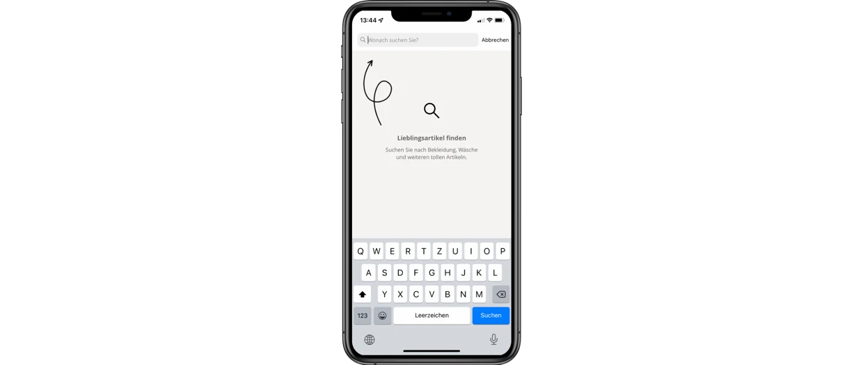 Suchfunktion auf einem Smartphone-Bildschirm mit geöffneter Tastatur und Text Lieblingsartikel finden. Suchfunktion auf einem Smartphone-Bildschirm mit geöffneter Tastatur und Text Lieblingsartikel finden.