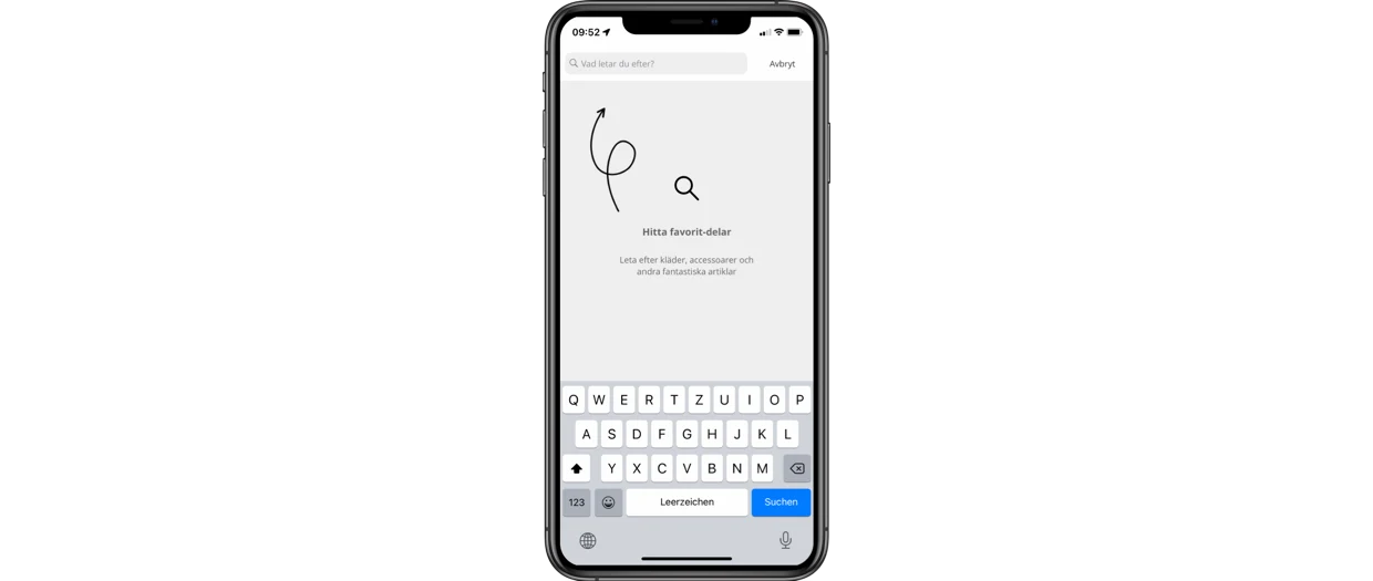 Sökfunktion på en smartphone med tangentbord och texten Hitta favoritartiklar. Sökfunktion på en smartphone med tangentbord och texten Hitta favoritartiklar.