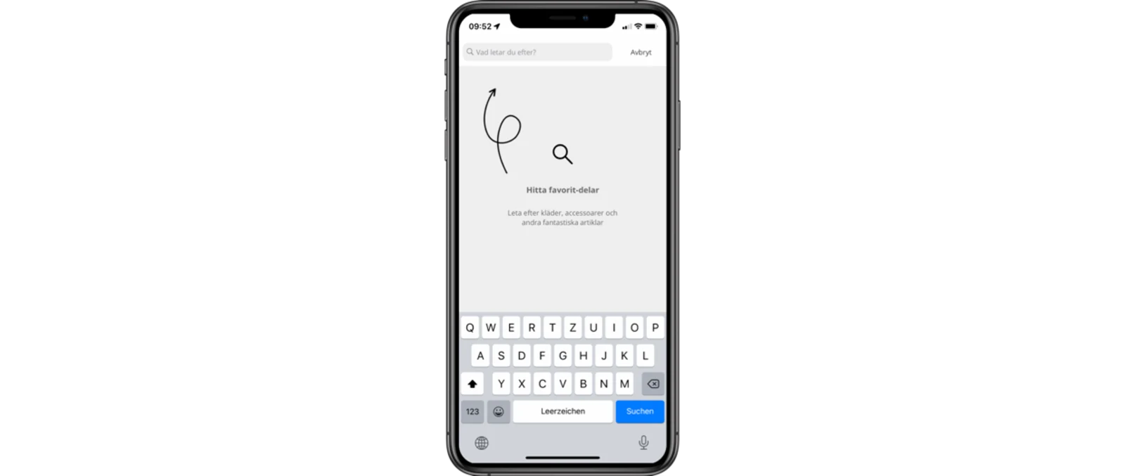 Sökfunktion på en smartphone med tangentbord och texten Hitta favoritartiklar. Sökfunktion på en smartphone med tangentbord och texten Hitta favoritartiklar.