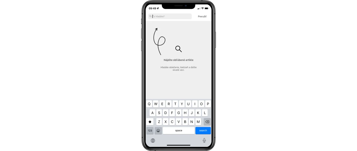 Vyhledávací obrazovka na mobilním telefonu s textem Najít oblíbené položky a klávesnicí. Vyhledávací obrazovka na mobilním telefonu s textem Najít oblíbené položky a klávesnicí.