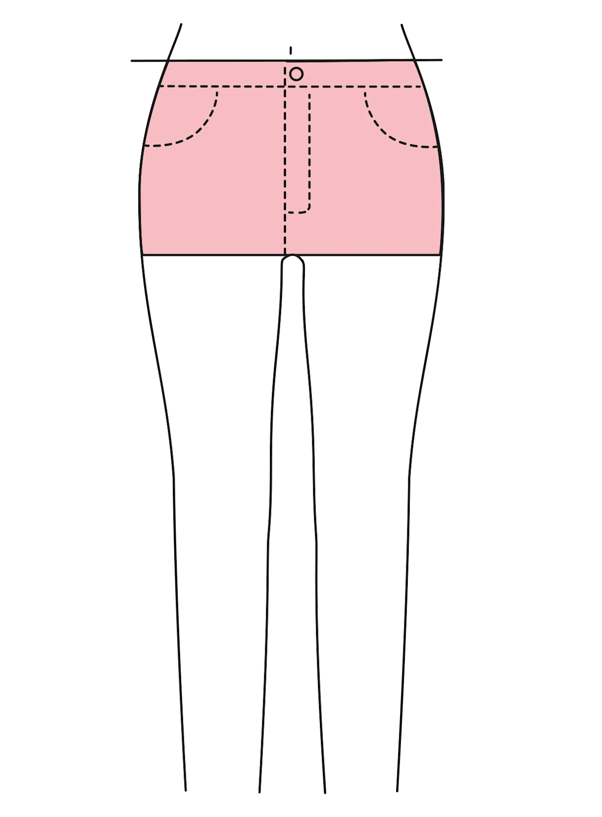 Zeichnung von einer Hose mit angedeuteter Leibhöhe auf der Höhe des Bauchnabels.