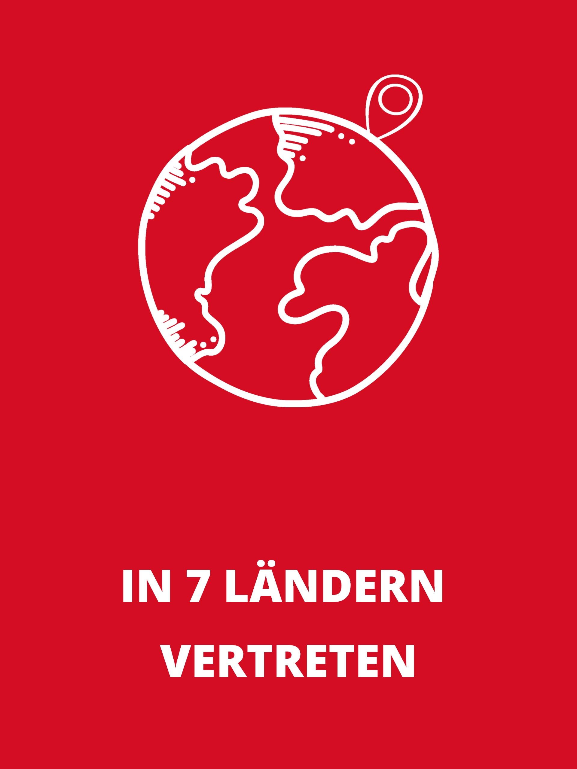 Rechteckige Infobox mit weißem Globus-Symbol und dem Text In 7 Ländern vertreten