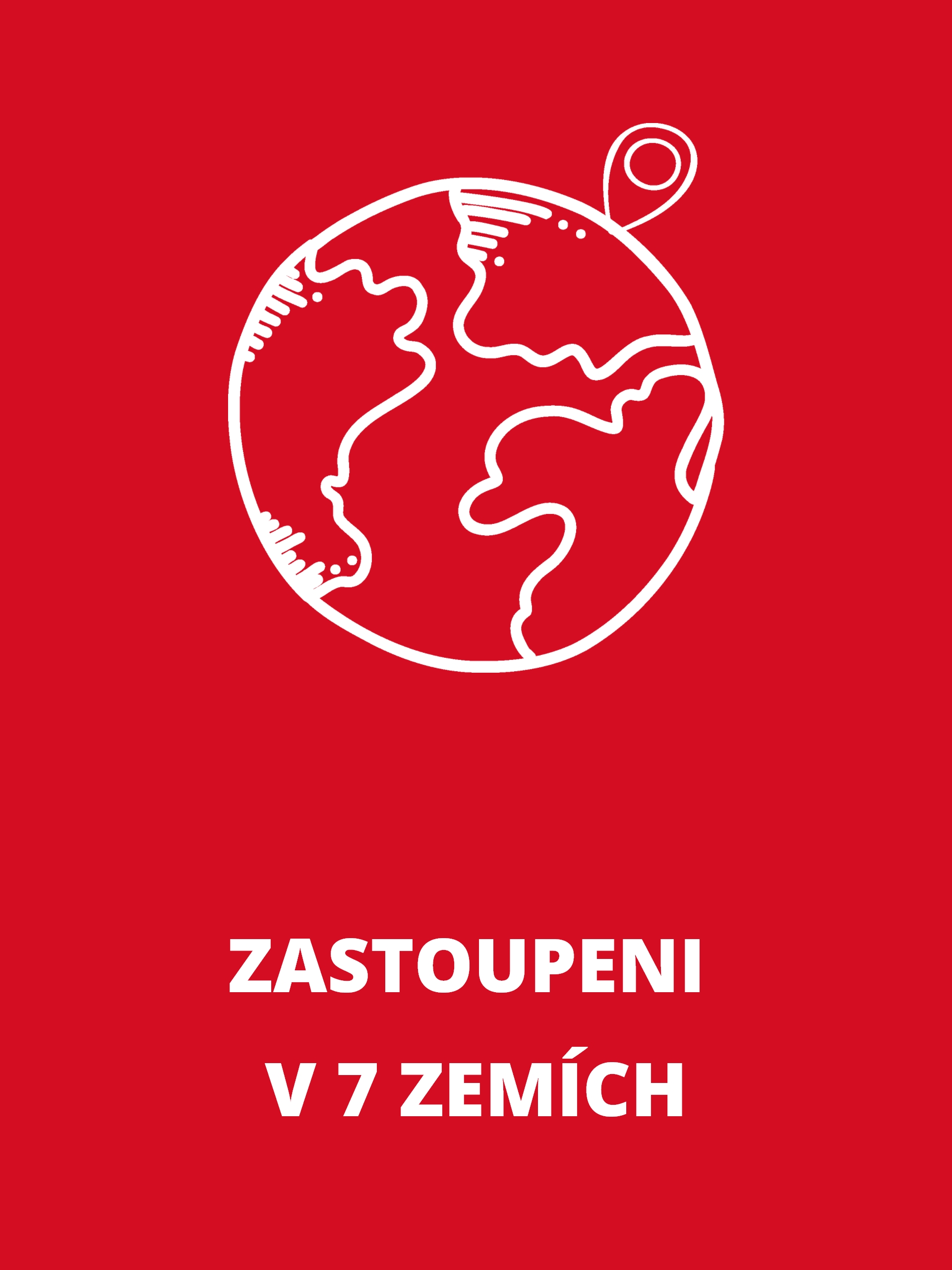 Obdélníkový informační box s bílým symbolem zeměkoule a textem: „Zastoupení v 7 zemích