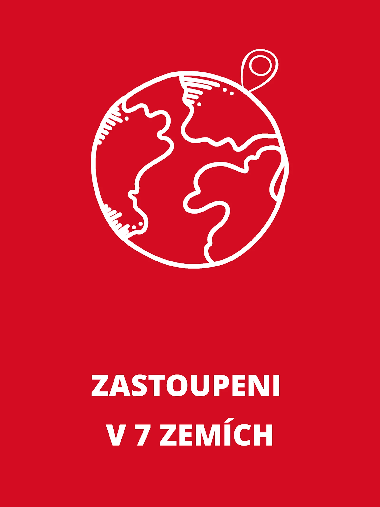 Obdélníkový informační box s bílým symbolem zeměkoule a textem: „Zastoupení v 7 zemích Obdélníkový informační box s bílým symbolem zeměkoule a textem: „Zastoupení v 7 zemích