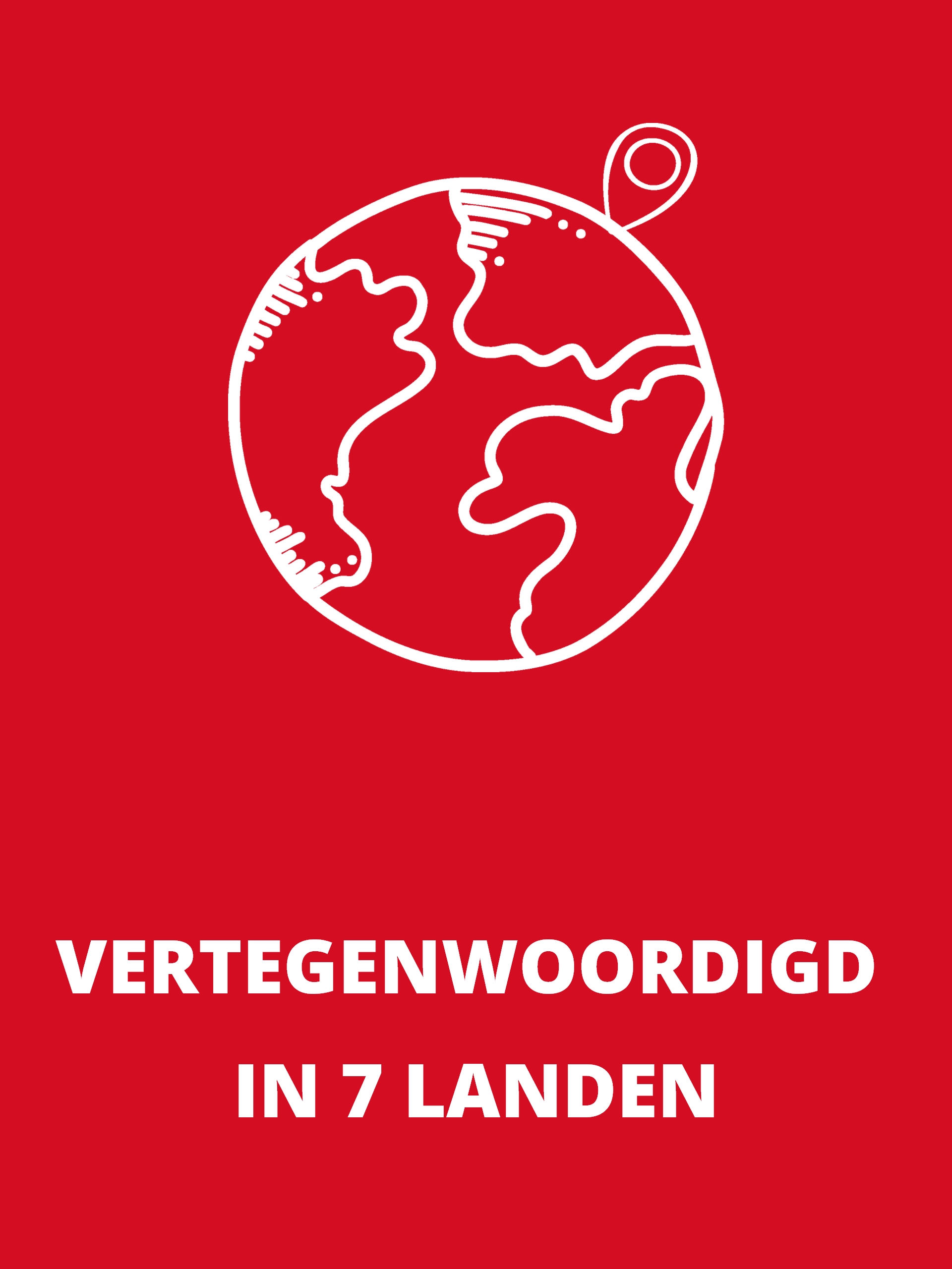 Rechthoekige infobox met een wit wereldbolsymbool en de tekst: “Vertegenwoordigd in 7 landen