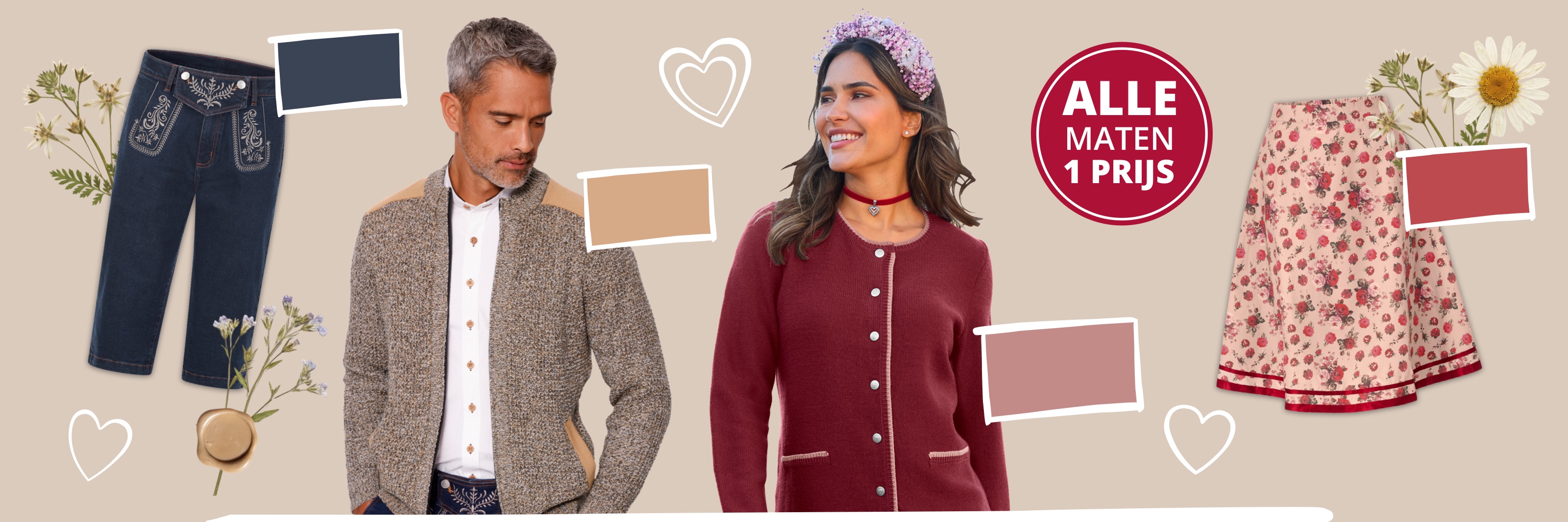 Twee modellen dragen een vest met patroon en een rood vest. Daarnaast staan een blauwe leren broek en een rok met bloemenpatroon. Tekst: Alle Maten een prijs.