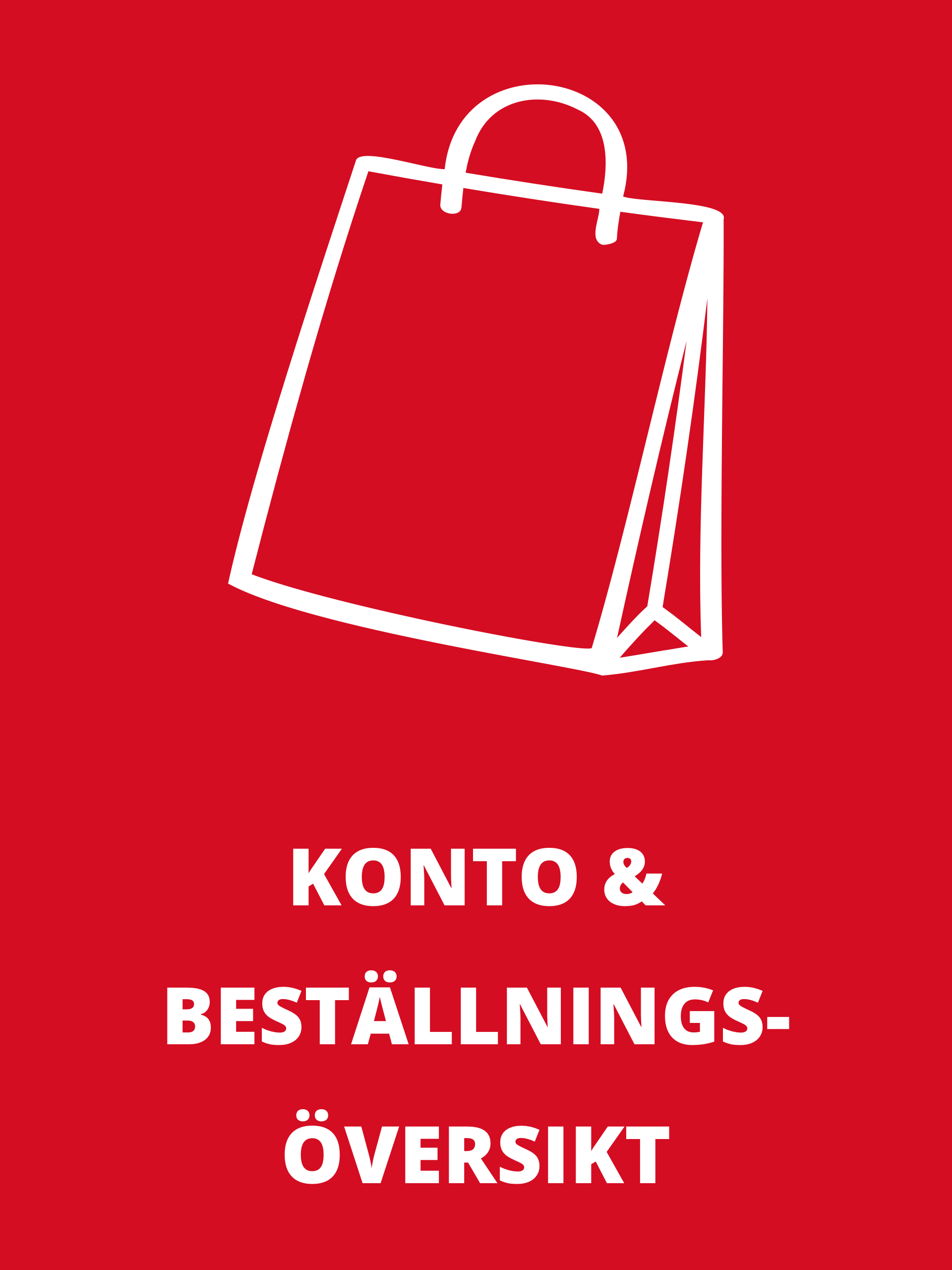 Röd bild med vit symbol av en shoppingpåse, under text: 'KONTO & BESTÄLLNINGAR I ÖVERSIKT'.